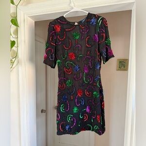 Vintage Pinki collection silk black sequin mini dress size medium
